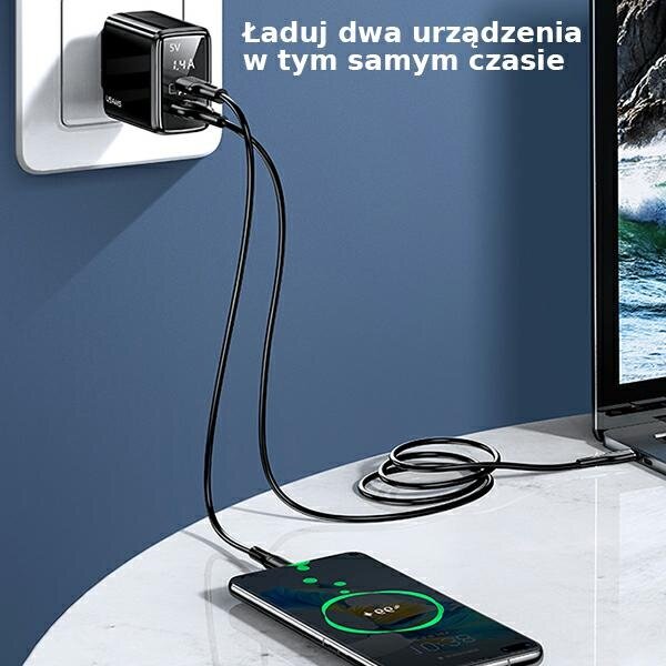 Ładowarka sieciowa USAMS T40 CC133TC01 (US-CC133) 1xUSB-C+1xUSB podłączona do dwóch urządzeń