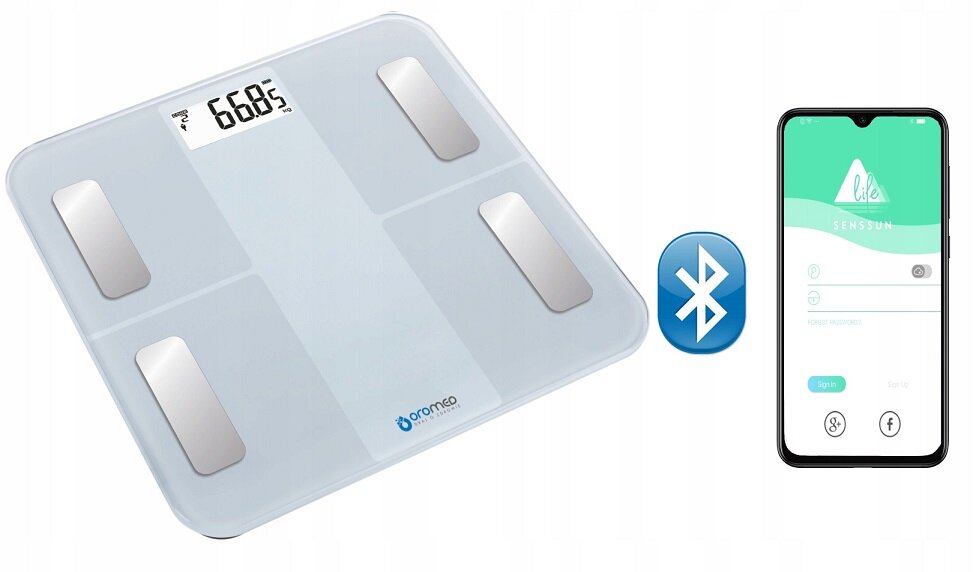 Waga elektroniczna Oromed Oro-Scale Bluetooth obok smartfona