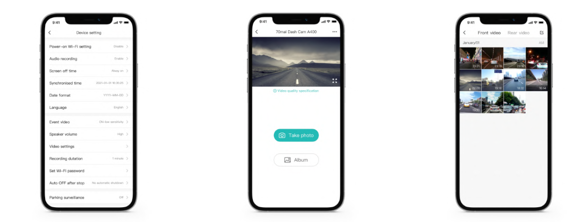 Wideorejestrator 70mai A400 Dash Cam szary + RC09 podgląd aplikacji na trzech ekranach smartfonów