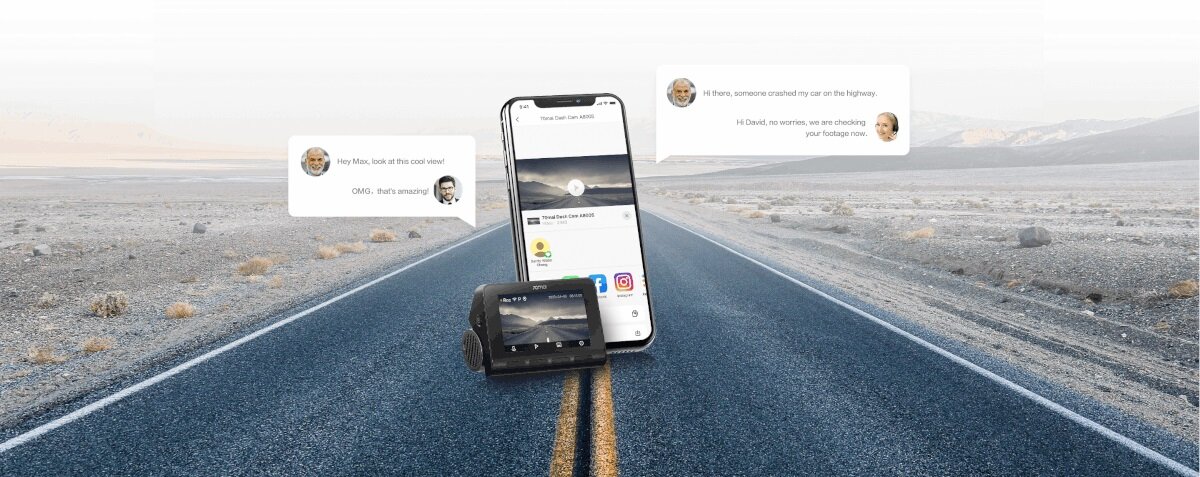 Wideorejestrator 70mai A800S Dash Cam 4K podgląd aplikacji na smartfonie na tle trasy