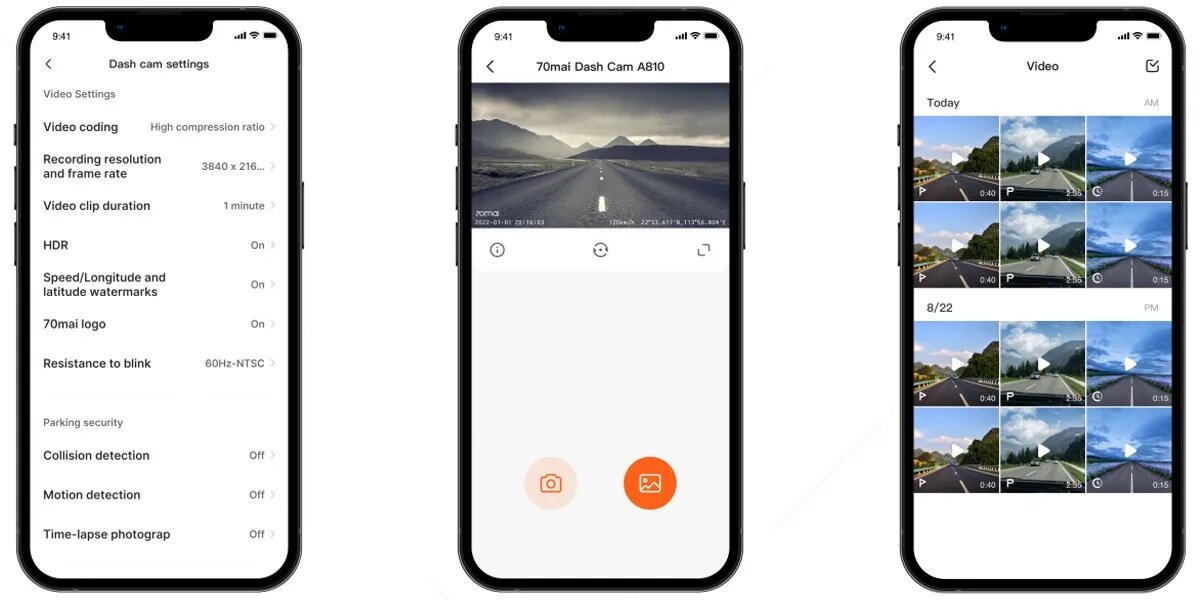 Wideorejestrator 70mai A810 Dash Cam 4K podgląd aplikacji na trzech smartfonach
