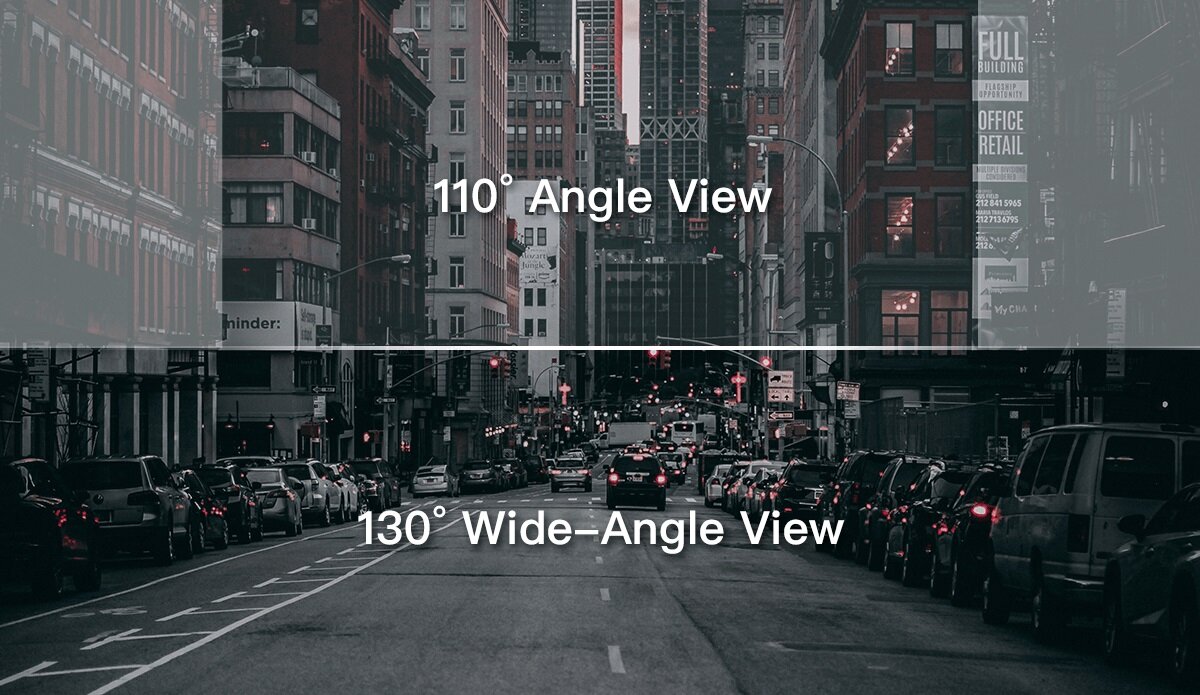 Wideorejestrator 70Mai Smart Dash Cam 1S D06 Full HD widok obrazu z obiektywu 110 stopni vs 130 stopni 