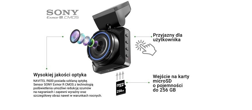 Wideorejestrator Navitel R600 Full HD z boku z opisaną specyfikacją