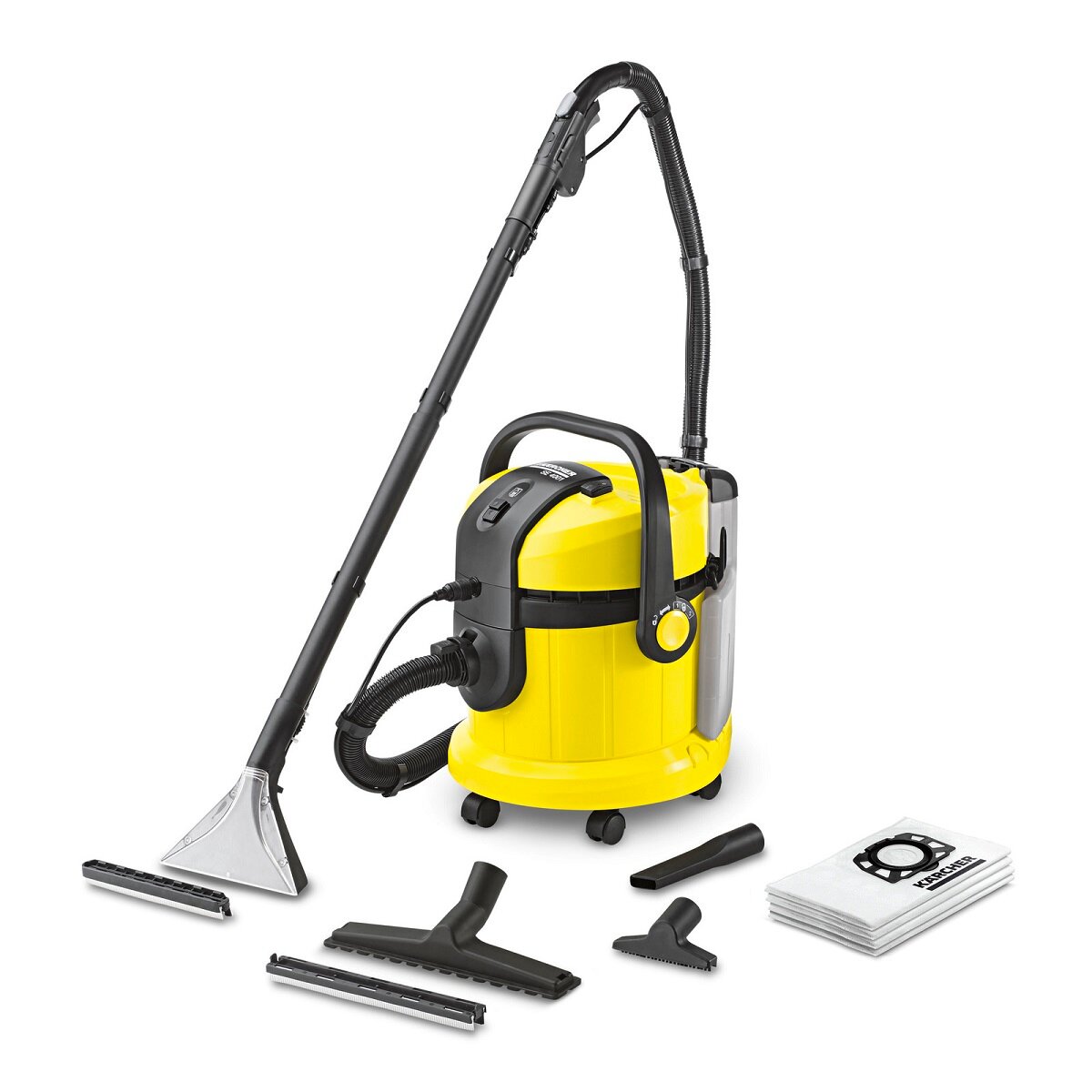 Worki do odkurzacza Karcher 28633140 widok na odkurzacz z workami w zestawie pod skosem