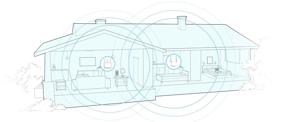 Wzmacniacz sygnału TP-Link RE205 2,4/5 GHz schemat zakresu sygnału w domu