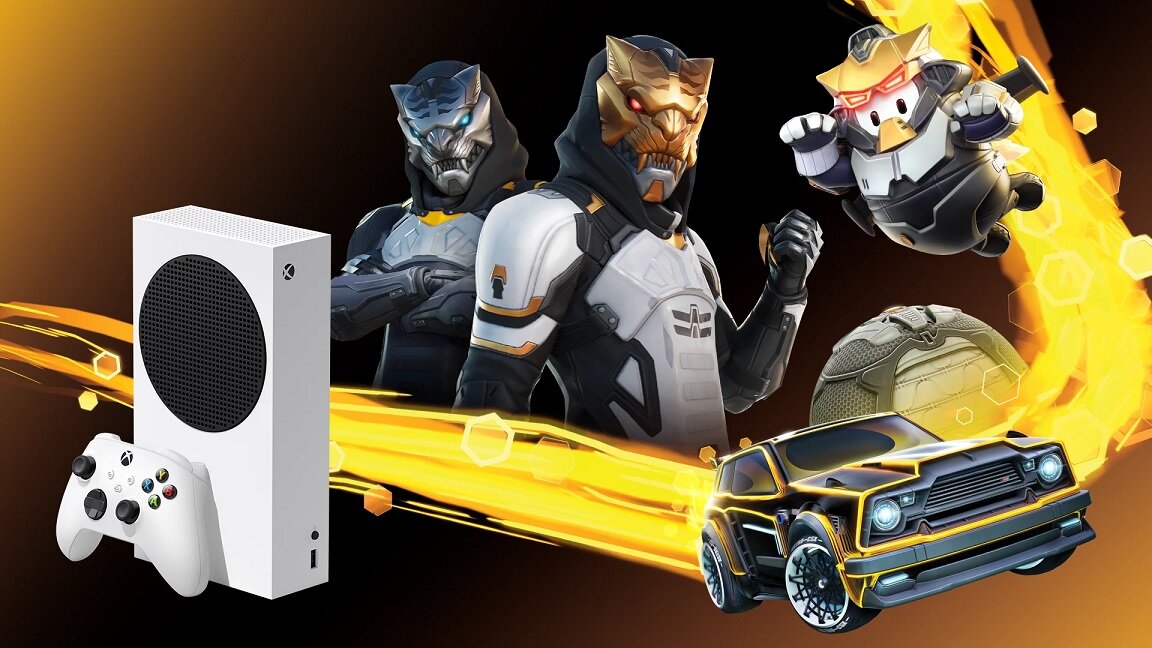 Konsola Microsoft XBOX Series S w zestawie z Gilded Hunter (512GB) obok postaci z gier DLC