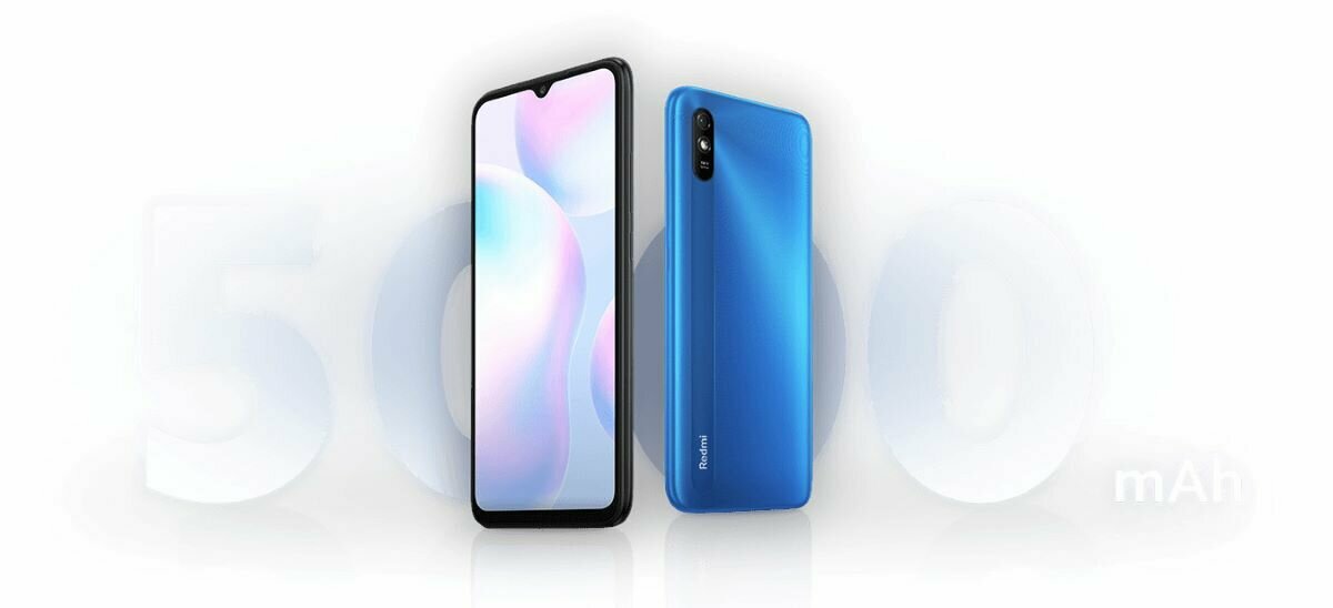 Smartfon Xiaomi Redmi 9A widok na ekran i plecki smartfona pod skosem