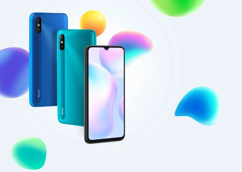 Smartfon Xiaomi Redmi 9A 2/32GB Niebieski kilka modeli Redmi 9A w różnych odcieniach niebieskiego koloru wokół kolorowych bąbelek