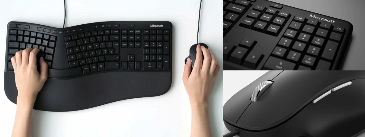 Zestaw Microsoft Klawiatura + Mysz Ergonomic Desktop Black RJU-00013 kolaż, podczas użycia, zdjęcia w trzech ujęciach