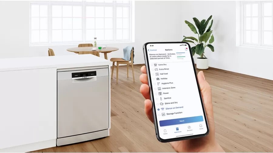 Zmywarka Bosch SPS2IKI04E widok na aplikację Home Connect z włączoną funkcją Silence on demand