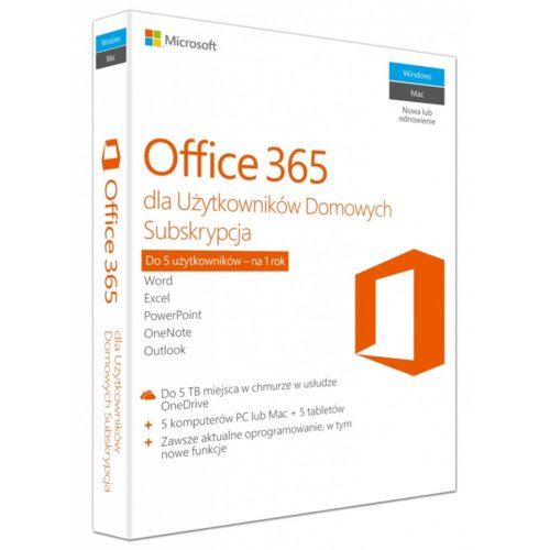 Microsoft Office 365 Home PL - 1 Rok - -1 użytkownik - 5 komputerów - PC/MAC