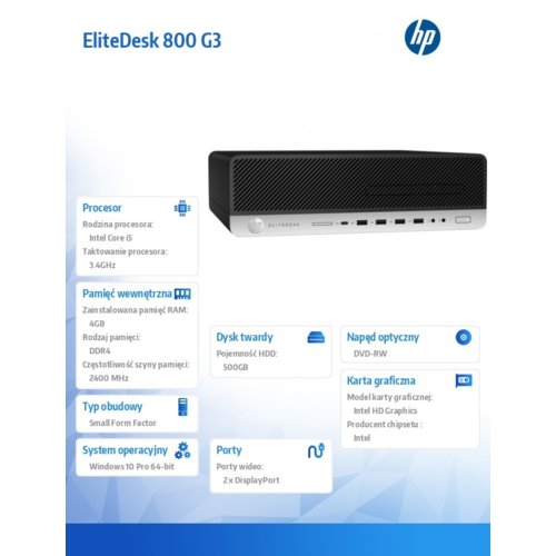 HP Inc. EliteDesk 800SFF G3 i5-7500 500/4G/DVD/W10P  1HK64EA