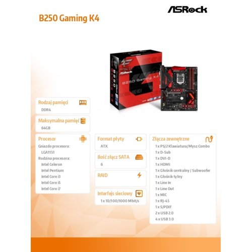 ASRock B250 Gaming K4 s1151 B250 4DDR4 USB3.0/3xM.2 ATX
