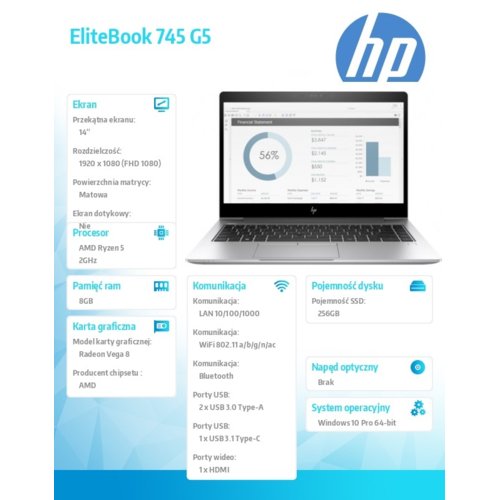 Laptop  EliteBook 745 G5 R5Pro 2500U 256/8G/W10P/14 3UP65EA