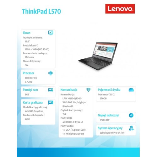Laptop Lenovo ThinkPad L570 20J8001XPB W10Pro i7-7500U/8GB/256GB/INT/15.6" FHD Black/1YR CI