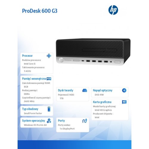 HP Inc. ProDesk 600SFF G3 i5-7500 1TB/8G/DVD/W10P  1HK37EA