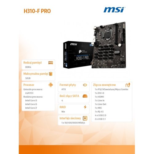 MSI H310-F PRO s1151 H310 2DDR4 USB3 ATX