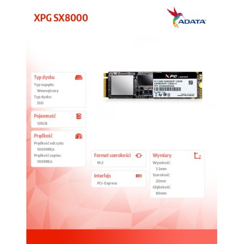 Dysk SSD Adata XPG SX8000 128GB M.2 PCIe NVMe (1000/300 MB/s) 2280 3D MLC