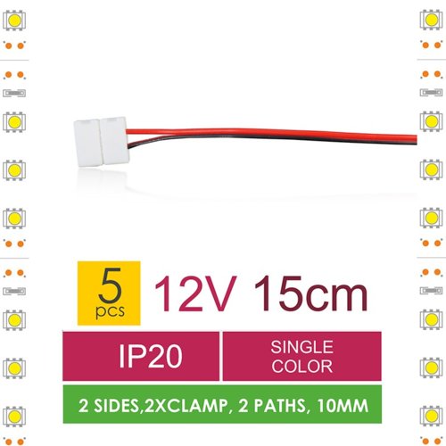 Whitenergy Złączka do taśm LED z kablem | jednokolorowy | dwustronna | IP20 | biała | 5 szt | 2 x zatrzask 10mm / 2 ścieżki | 15 cm