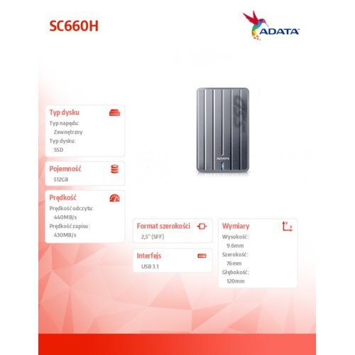 Adata SSD External SC660H 512 GB 2.5'' USB3.1 TLC 3D