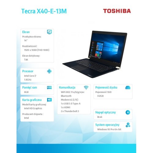 Laptop Toshiba Tecra X40-E-13M W10PRO i7-8550U/8/512/Integr/14.0