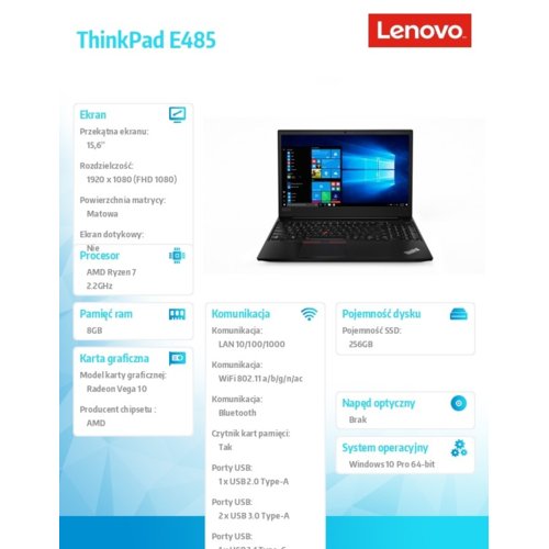 Lenovo Laptop ThinkPad E585 20KV000GPB W10Pro R7-2700U/8GB/256GB/15.6 FHD/1YRSCI