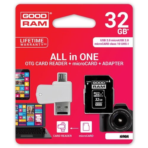 Karta pamięci MicroSDHC GOODRAM 32GB All in one - microCARD class 10 UHS I + adapter + OTG card reader USB/microUSB 2.0