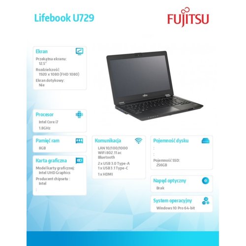 Fujitsu Notebook Lifebook U729 12,5 i7-8565U/8GB/W10P/SSD256                 VFY:U7290M470SPL