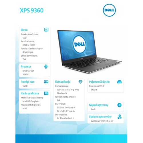 Laptop Dell XPS 9360 Win10Pro i7-7500U/512GB/16GB/Integrated/13.3"QHD+/KB-Backlit/60WHR/Silver/2Y NBD