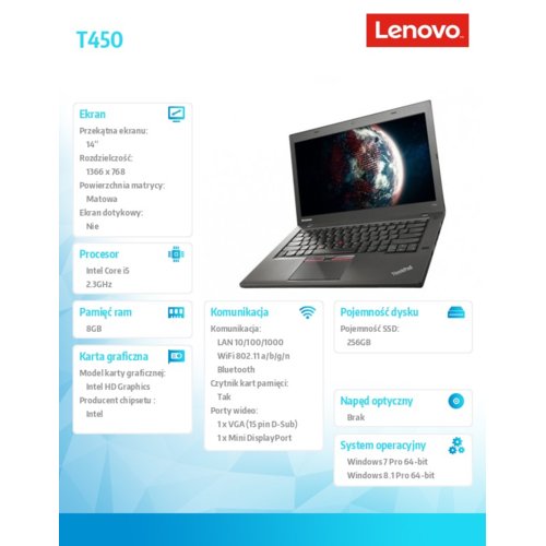 Laptop Lenovo T450 20BUS5J001 W7/ 81P i5-5300/8/256/14'HD