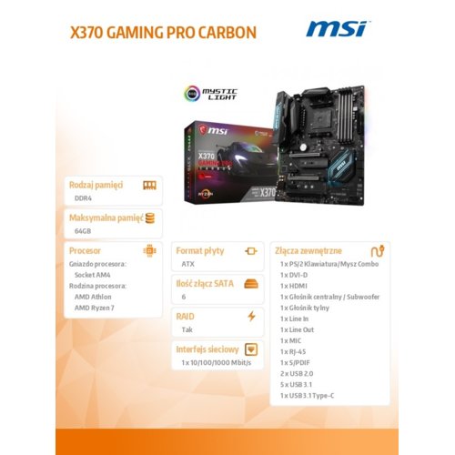 Płyta MSI X370 GAMING PRO CARBON /AMD X370/DDR4/SATA3/M.2/USB3.1/PCIe3.0/AM4/ATX