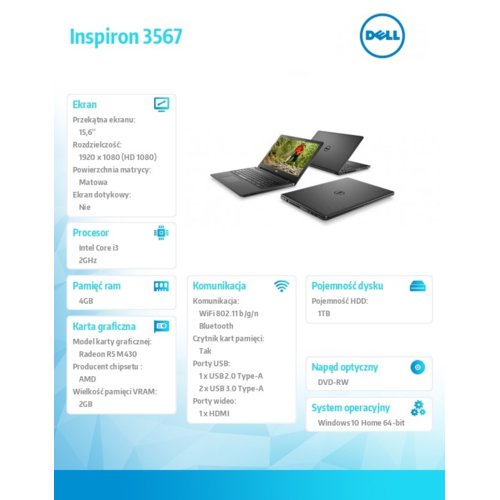 Dell Inspiron 3567 Win10 i3-6006U/1TB/4GB/DVDRW/R5 M430/15.6"FHD/Black/1YNBD + 1YCAR