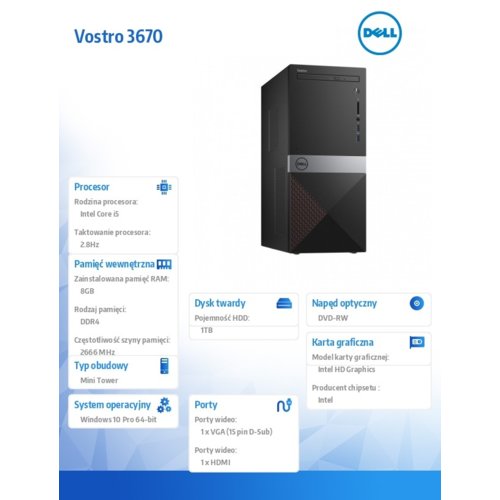 Dell Komputer Vostro 3670 Win 10 PRO i5-8400/1TB/8/UHD630/3Y