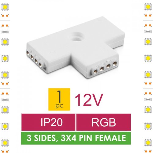Whitenergy Złączka do taśm LED T | RGB | trójstronna | IP20 | biała | 1 szt | 3 x 4 pin żeński |