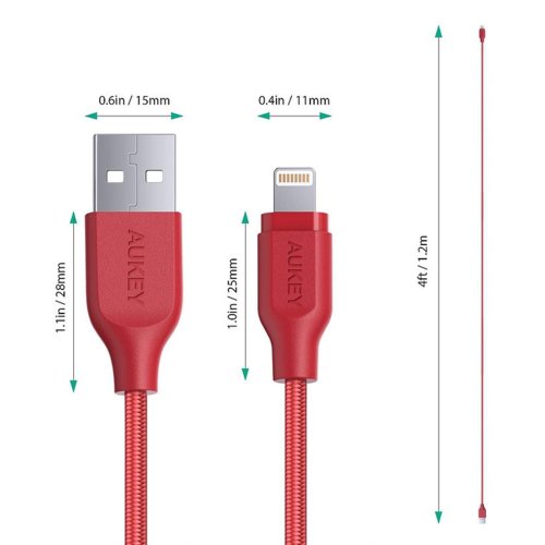 AUKEY CB-AL1 Red nylonowy szybki kabel Quick Charge Lightning-USB | 1.2m | certyfikat MFi Apple