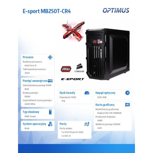 OPTIMUS E-Sport MB250T-CR4 i5-7400/8GB/1TB/RX570 ARMOR  RED LED