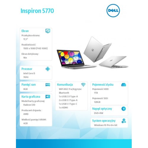 Laptop Dell Inspiron 5770 Win10Pro i5-8250U/128/1TB/AMD/Black