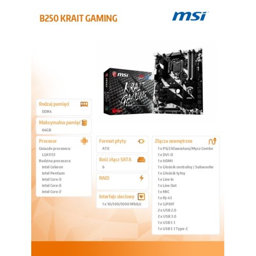 MSI B250 KRAIT GAMING s1151 4DDR4 2M.2/2USB3.1