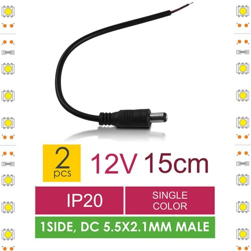 Whitenergy Złączka do taśm LED z kablem | jednokolorowy | jednostronna | IP20 | czarna | 2 szt | DC 5.5x2.1mm męski | 15 cm