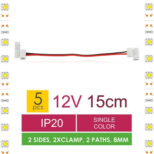 Whitenergy Złączka do taśm LED z kablem | jednokolorowy | dwustronna | IP20 | biała | 5 szt | 2 x zatrzask 8mm / 2 ścieżki | 15 cm
