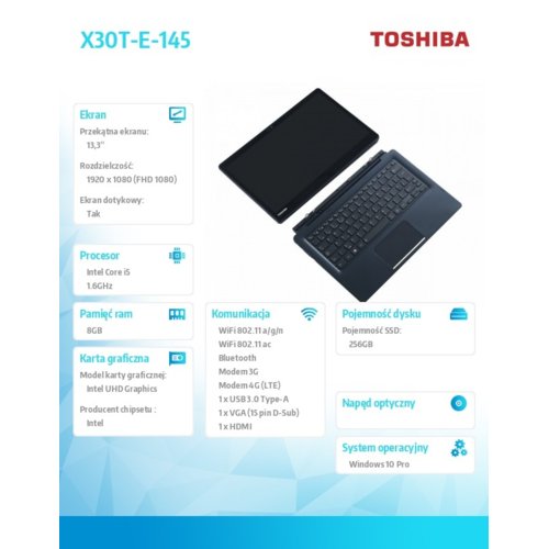 Laptop Toshiba X30T-E-145 W10P PT17CE-02F01SPL i5-8250U/8/256SSD/13.3 cala
