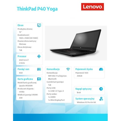 Laptop Lenovo ThinkPad P40 Yoga 20GQ001NPB W10Pro i7-6500U/8GB/256GB/M500M/14" FHD Touch/3YRS OS