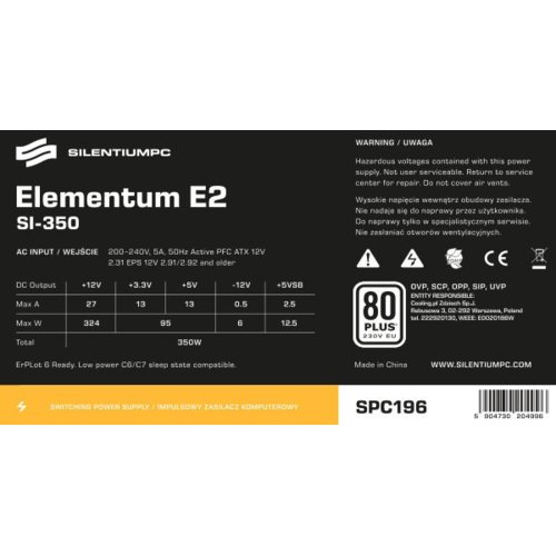 SilentiumPC Elementum E2 SI 350W (80+ EU, 1xPEG, 120mm)