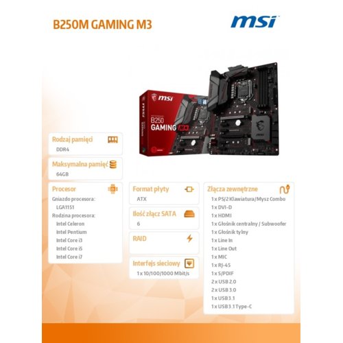 Płyta MSI B250 GAMING M3 /B250/DDR4/SATA3/M.2/SE/USB3.1/PCIe3.0/s.1151/ATX