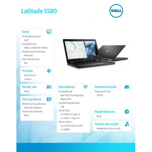 Dell Latitude 5580 Win10Pro i7-7600U/512GB/16GB/Intel HD620/15.6" FHD/KB-Backlit/68WHR/3Y NBD