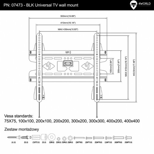 4world Uchwyt ścienny do LCD 25''- 42'' SLIM podwójne mocowanie max.45kg czarny