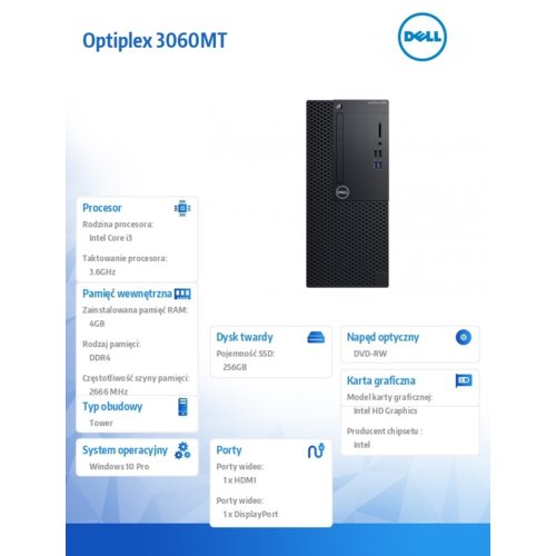 Dell Komputer Optiplex 3060MT W10Pro i3-8100/4GB/256GB/Intel UHD 630/DVD RW/No Wifi/KB216/MS116/260W/3Y NBD