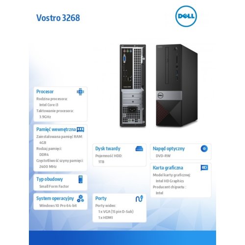 Dell Komputer Vostro3268/Corei3-7100/4GB/1TB/Int/W10P