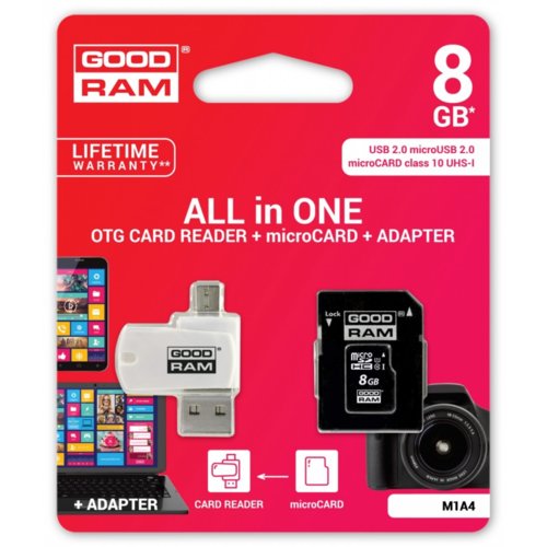 Karta pamięci MicroSDHC GOODRAM 8GB All in one - microCARD class 10 UHS I + adapter + OTG card reader USB/microUSB 2.0