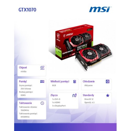 Karta VGA MSI GTX1070 GAMING X 8G OC 8GB GDDR5 256bit DVI+HDMI+3xDP PCIe3.0